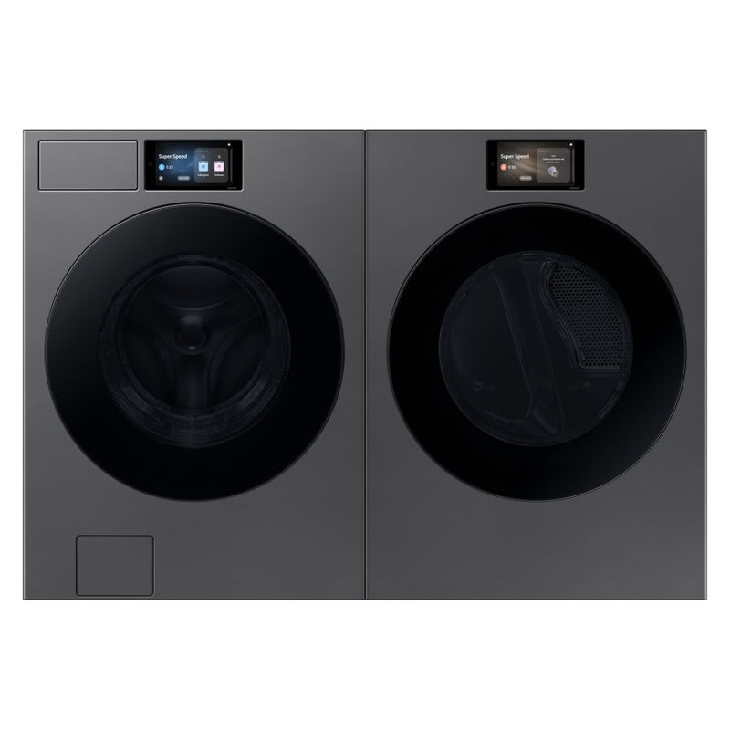Samsung Bespoke dark steel laundry pair featuring the 6.1 cu.ft Energy Star Front Load Washer with Water Heater, Steam Clean, and WiFi WF90F53ADSA5 and the 7.6 cu.ft Electric Dryer with Steam Clean and WiFi DV90F53AESAC