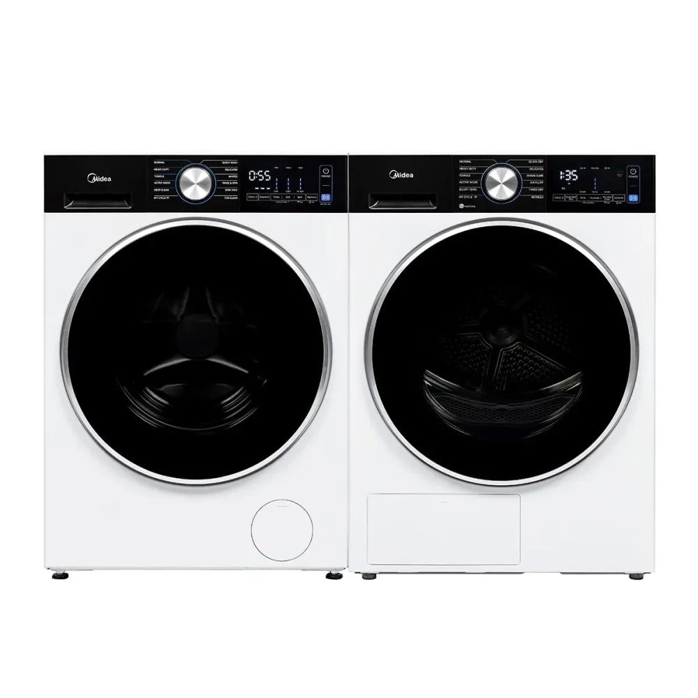 Midea MLHW31S2BBW Front Load Washer & MLHE31S2BBW Electric Dryer, 24 inch Width, 2.7 cu. ft. Washer Capacity, 1,320 RPM Washer Spin Speed, 12 Wash Cycles, 4 Temperature Settings, Water Heater, Steam Clean, ENERGY STAR Certified, White colour