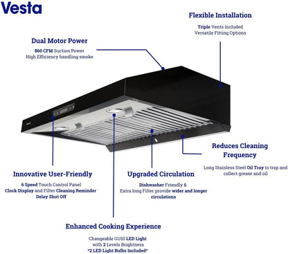 Vesta Atlanta 30" Black Stainless Steel Under Cabinet Range Hood