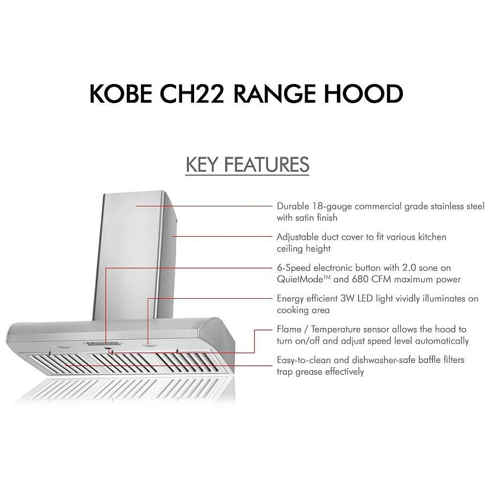 Kobe CH2236SQB6-WM-XX Range Hood, 36 inch Exterior Width, Chimney, 6, 680 CFM