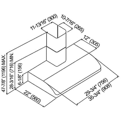 Kobe CH2236SQB6-WM-XX Range Hood, 36 inch Exterior Width, Chimney, 6, 680 CFM