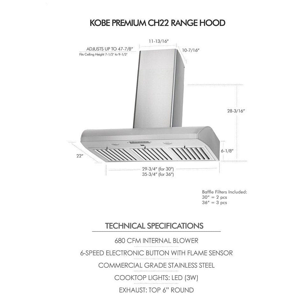 Kobe CH2236SQB6-WM-XX Range Hood, 36 inch Exterior Width, Chimney, 6, 680 CFM