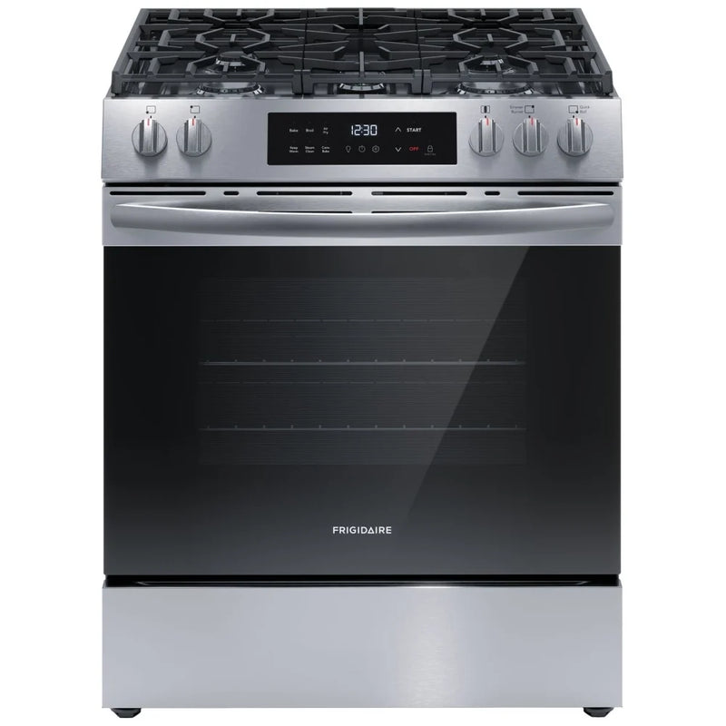 Frigidaire FCFG3082BS Gas Range, 5.1 cu. ft. Capacity, 30 inch Exterior Width, Steam Clean, Convection, 5 Burners, Storage Drawer, Air Fry, 18,000 BTU Highest Burner, Stainless Steel colour