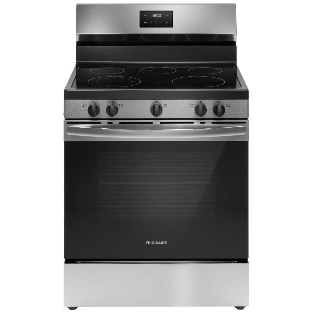 Frigidaire FCRE305CBS Electric Range, 5.3 cu. ft. Capacity, 30 inch Exterior Width, 5 Burners, Storage Drawer, Manual Clean, 3,000 W Highest Element, Stainless Steel colour