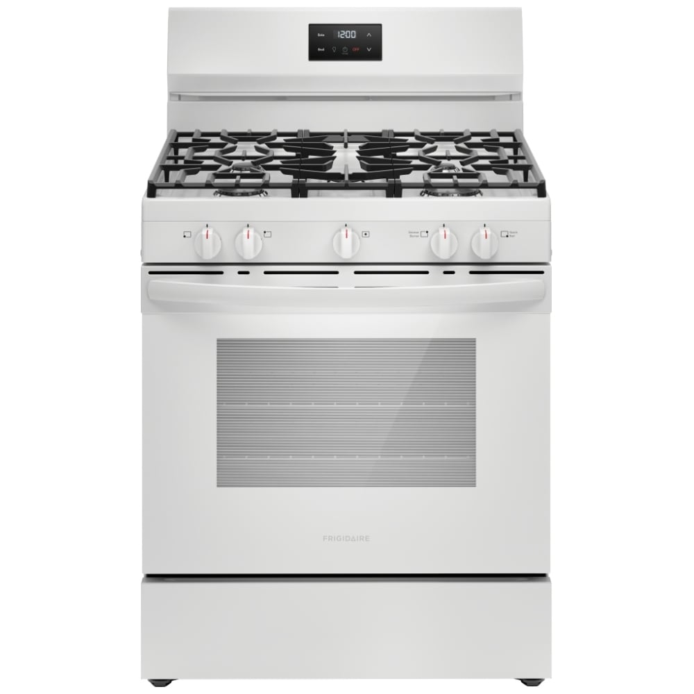 Frigidaire FCRG3052BW Gas Range, 5.1 cu. ft. Capacity, 30 inch Exterior Width, Manual Clean, 5 Burners, Storage Drawer, 18,000 BTU Highest Burner, White colour