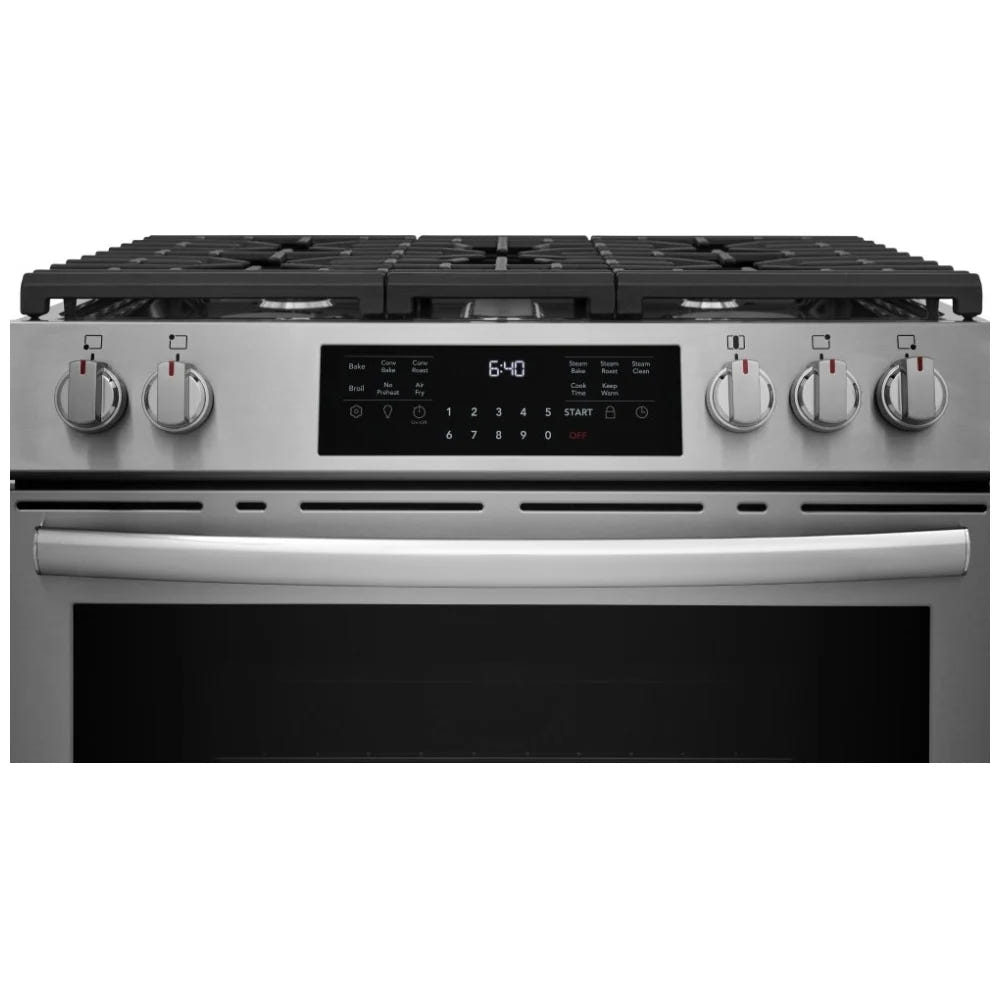 Frigidaire Gallery GCFG3059BF 30 英寸燃气灶 6 立方英尺 5 个燃烧器 18K BTU 不锈钢色，防污