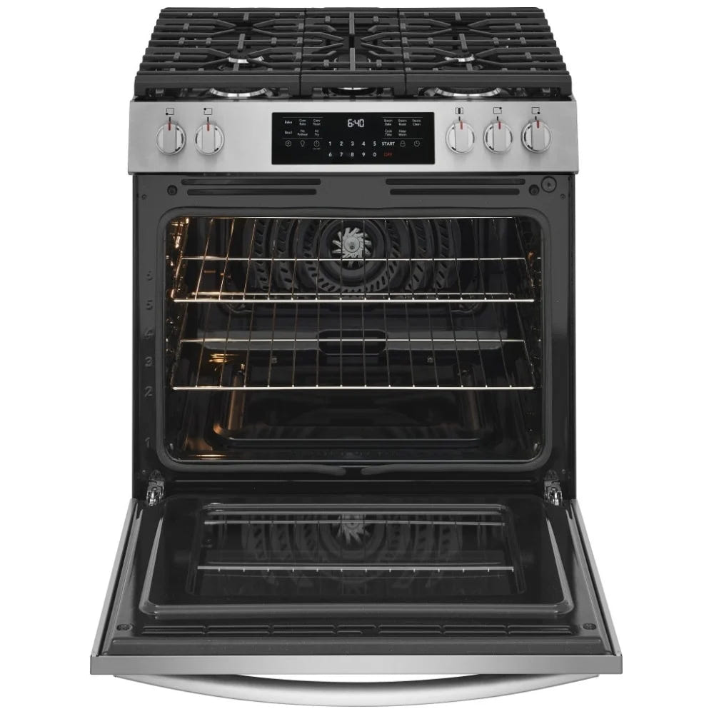 Frigidaire Gallery GCFG3059BF 30 英寸燃气灶 6 立方英尺 5 个燃烧器 18K BTU 不锈钢色，防污