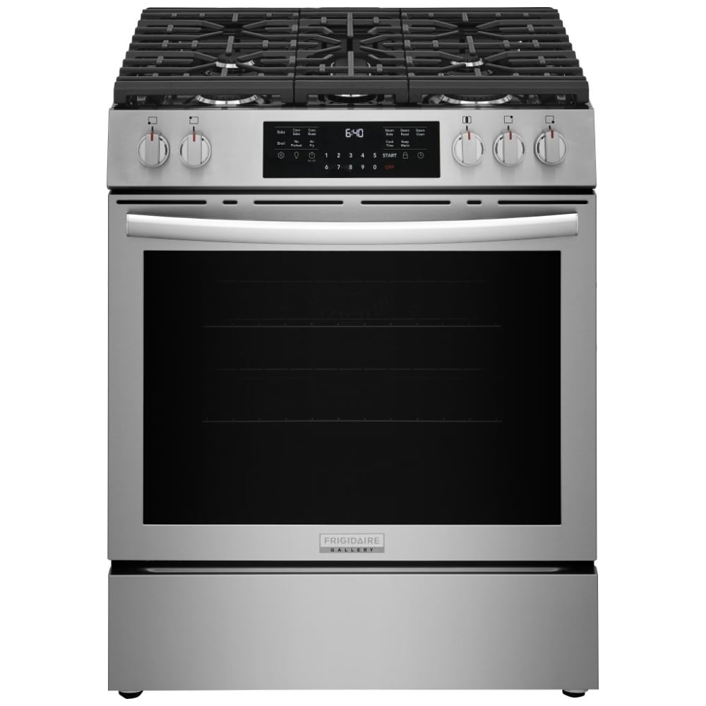 Frigidaire Gallery GCFG3059BF Gas Range, 6 cu. ft. Capacity, 30 inch Exterior Width, Manual Clean, Convection, 5 Burners, Storage Drawer, Air Fry, 18,000 BTU Highest Burner, Stainless Steel colour