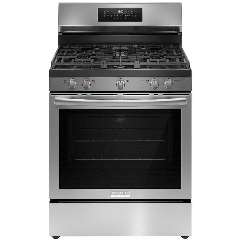 Frigidaire GCRG3059BF Gas Range, 5.1 cu. ft. Capacity, 30 inch Exterior Width, Steam Clean, True Convection, 5 Burners, Storage Drawer, & , 18,000 BTU Highest Burner, Stainless Steel colour, Extra Wide Store-More™ Drawer, ReadyCook™ Air Fry Tray