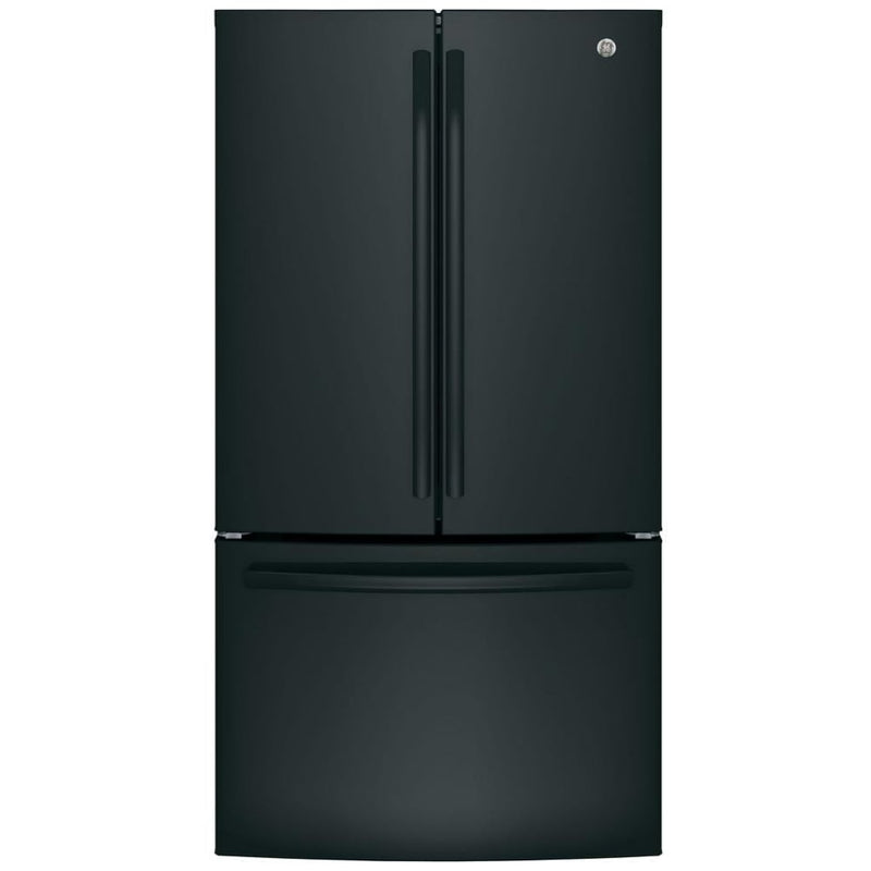 GE GNE27JGMBB French Door Refrigerator, 36 inch Width, 26.7 cu. ft. Capacity, Water Dispenser (Interior), Ice Dispenser (Freezer Located), ENERGY STAR Certified, Black colour
