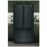 GE GNE27JGMBB French Door Refrigerator, 36 inch Width, 26.7 cu. ft. Capacity, Water Dispenser (Interior), Ice Dispenser (Freezer Located), ENERGY STAR Certified, Black colour