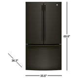 GE GNE27JGMBB French Door Refrigerator, 36 inch Width, 26.7 cu. ft. Capacity, Water Dispenser (Interior), Ice Dispenser (Freezer Located), ENERGY STAR Certified, Black colour