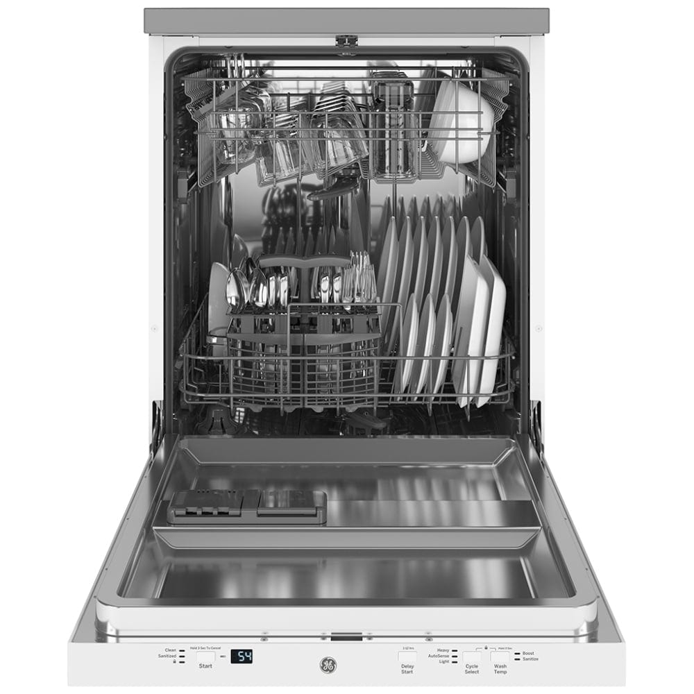 GE GPT225SGLWW Dishwasher, 24" Built-In Dishwasher, Stainless Steel Interior, 3 Wash Cycles, 12 Capacity