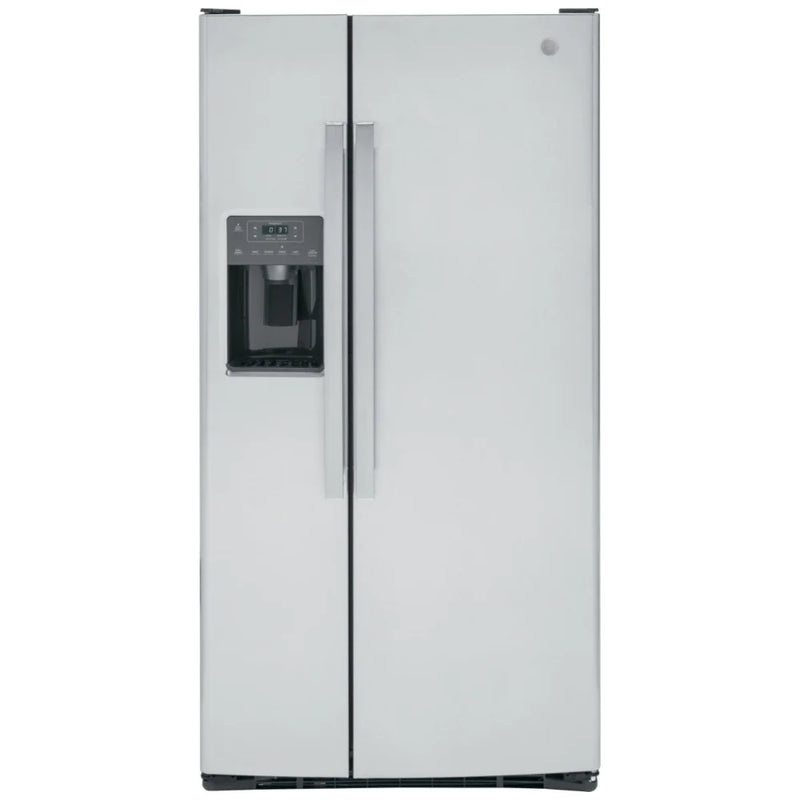 GE GSS23GYPFS Side by Side Refrigerator, 33 inch Width, Ice Dispenser (Thru Door), Water Dispenser (Exterior), 23.2 cu. ft. Capacity, STAINLESS STEEL colour