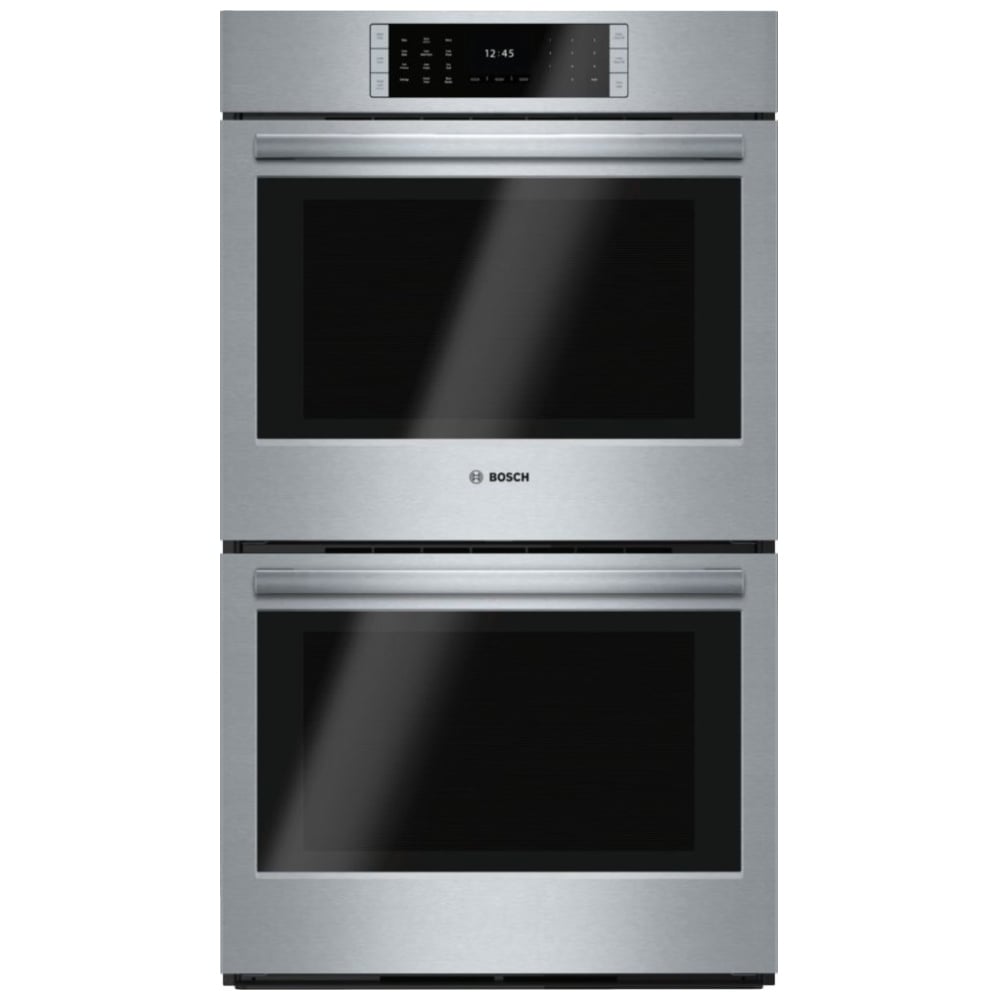 Bosch Benchmark Series HBLP651UC Double Wall Oven, 30 inch Exterior Width, Both Ovens Convection, Both Ovens Self Clean, 9 cu. ft. Capacity, Temperature Probe, Stainless Steel colour True European Convection; Telescopic Gliding Extension Rack