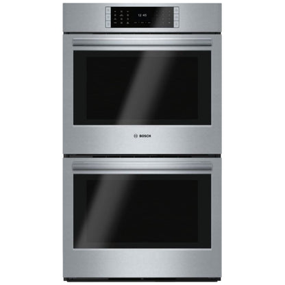 Bosch Benchmark Series HBLP651UC Double Wall Oven, 30 inch Exterior Width, Both Ovens Convection, Both Ovens Self Clean, 9 cu. ft. Capacity, Temperature Probe, Stainless Steel colour True European Convection; Telescopic Gliding Extension Rack