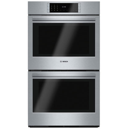 Bosch Benchmark Series HBLP651UC Double Wall Oven, 30 inch Exterior Width, Both Ovens Convection, Both Ovens Self Clean, 9 cu. ft. Capacity, Temperature Probe, Stainless Steel colour True European Convection; Telescopic Gliding Extension Rack