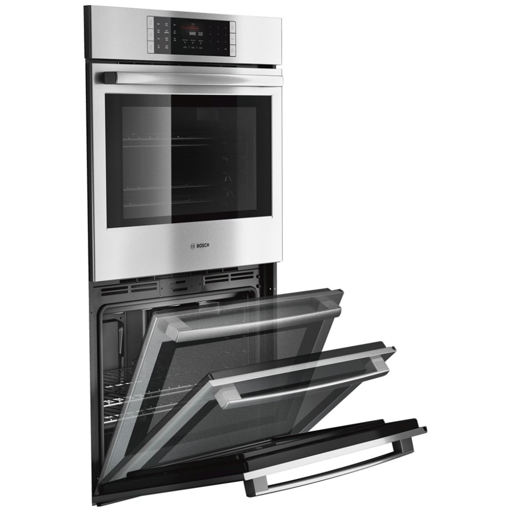 Bosch Benchmark Series HBLP651UC Double Wall Oven, 30 inch Exterior Width, Both Ovens Convection, Both Ovens Self Clean, 9 cu. ft. Capacity, Temperature Probe, Stainless Steel colour True European Convection; Telescopic Gliding Extension Rack