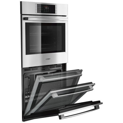 Bosch Benchmark Series HBLP651UC Double Wall Oven, 30 inch Exterior Width, Both Ovens Convection, Both Ovens Self Clean, 9 cu. ft. Capacity, Temperature Probe, Stainless Steel colour True European Convection; Telescopic Gliding Extension Rack