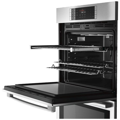 Bosch Benchmark Series HBLP651UC Double Wall Oven, 30 inch Exterior Width, Both Ovens Convection, Both Ovens Self Clean, 9 cu. ft. Capacity, Temperature Probe, Stainless Steel colour True European Convection; Telescopic Gliding Extension Rack