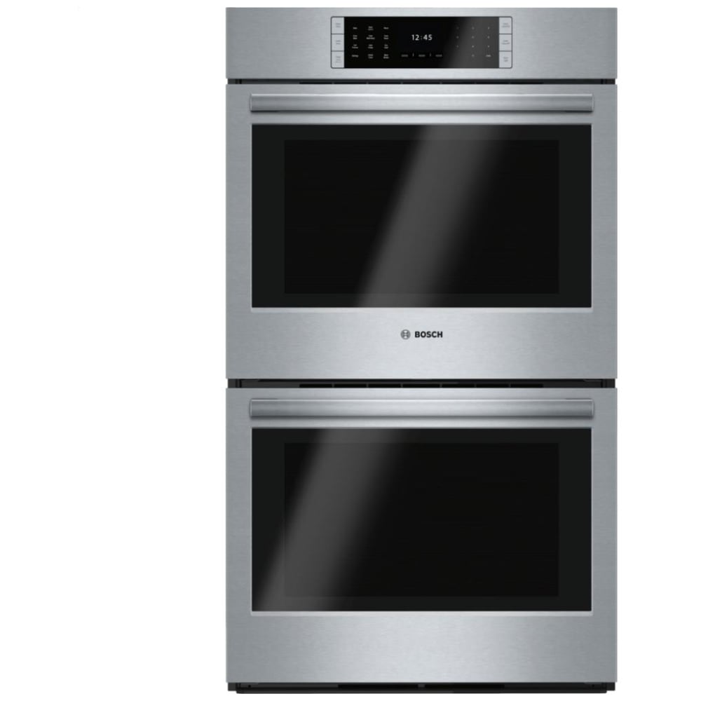 Bosch Benchmark Series HBLP651UC Double Wall Oven, 30 inch Exterior Width, Both Ovens Convection, Both Ovens Self Clean, 9 cu. ft. Capacity, Temperature Probe, Stainless Steel colour True European Convection; Telescopic Gliding Extension Rack