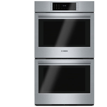 Bosch Benchmark Series HBLP651UC Double Wall Oven, 30 inch Exterior Width, Both Ovens Convection, Both Ovens Self Clean, 9 cu. ft. Capacity, Temperature Probe, Stainless Steel colour True European Convection; Telescopic Gliding Extension Rack