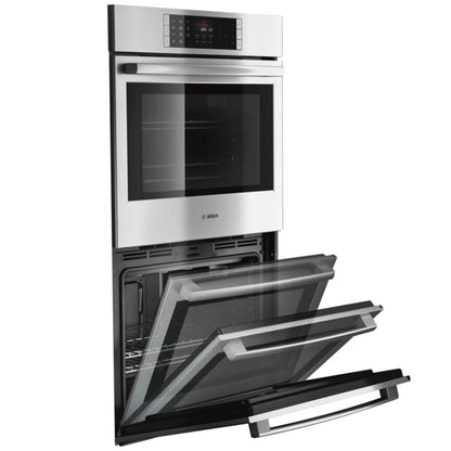 Bosch Benchmark Series HBLP651UC Double Wall Oven, 30 inch Exterior Width, Both Ovens Convection, Both Ovens Self Clean, 9 cu. ft. Capacity, Temperature Probe, Stainless Steel colour True European Convection; Telescopic Gliding Extension Rack