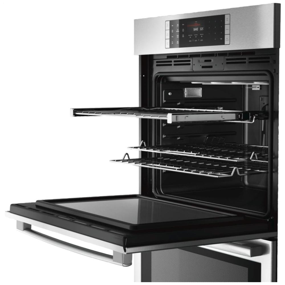 Bosch Benchmark Series HBLP651UC Double Wall Oven, 30 inch Exterior Width, Both Ovens Convection, Both Ovens Self Clean, 9 cu. ft. Capacity, Temperature Probe, Stainless Steel colour True European Convection; Telescopic Gliding Extension Rack