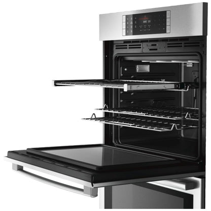 Bosch Benchmark Series HBLP651UC Double Wall Oven, 30 inch Exterior Width, Both Ovens Convection, Both Ovens Self Clean, 9 cu. ft. Capacity, Temperature Probe, Stainless Steel colour True European Convection; Telescopic Gliding Extension Rack