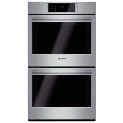 Bosch Benchmark Series HBLP651UC Double Wall Oven, 30 inch Exterior Width, Both Ovens Convection, Both Ovens Self Clean, 9 cu. ft. Capacity, Temperature Probe, Stainless Steel colour True European Convection; Telescopic Gliding Extension Rack