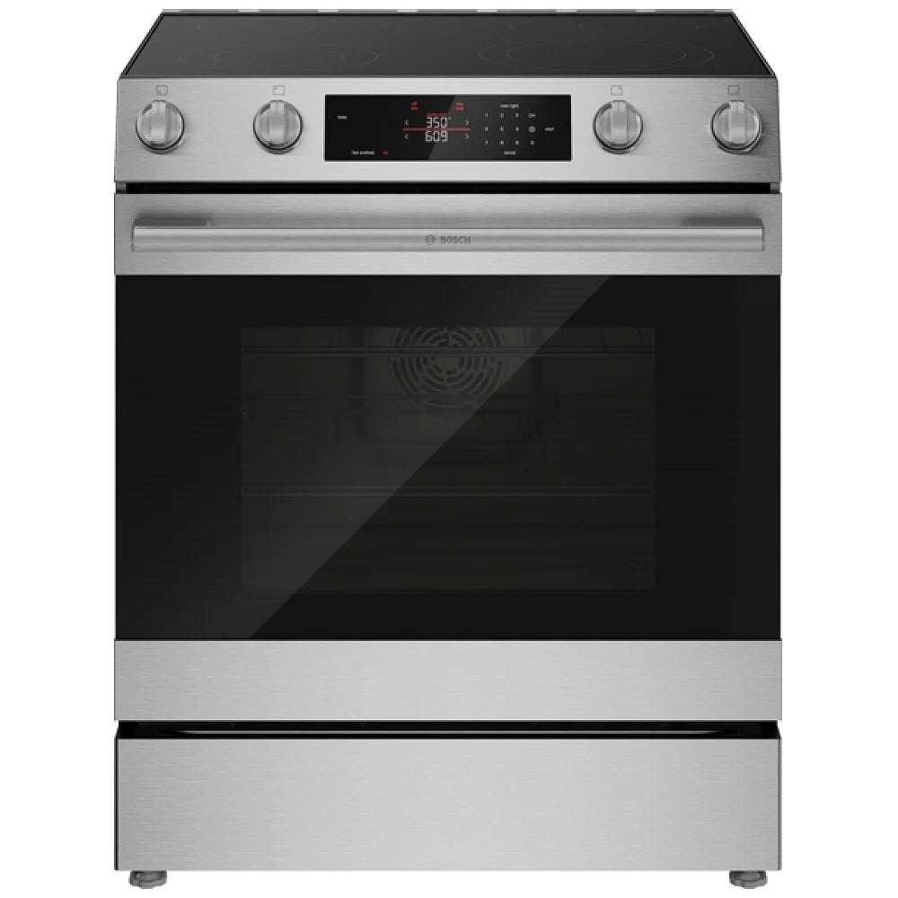 Bosch 300 Series HEF3050MC Electric Range, 5.8 cu. ft. Capacity, 30 inch Exterior Width, True Convection, 5 Burners, Storage Drawer, Air Fry, Steam & Self Clean, 3,300 W Highest Element, Stainless Steel colour, Home Connect™