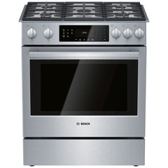 Bosch 800 Series HGI8056UC Gas Range, 4.8 cu. ft. Capacity, 30 inch Exterior Width, Self Clean, True Convection, 5 Burners, Warming Drawer, 18,000 BTU Highest Burner, Stainless Steel colour