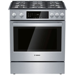 Bosch 800 Series HGI8056UC Gas Range, 4.8 cu. ft. Capacity, 30 inch Exterior Width, Self Clean, True Convection, 5 Burners, Warming Drawer, 18,000 BTU Highest Burner, Stainless Steel colour