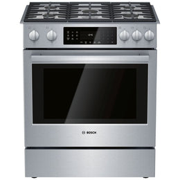 Bosch Benchmark Series HGIP056UC Gas Range, 4.8 cu. ft. Capacity, 30 inch Exterior Width, Self Clean, True Convection, 5 Burners, Warming Drawer, 20,000 BTU Highest Burner, Stainless Steel colour