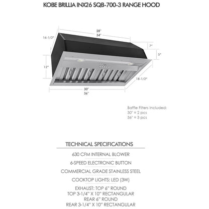 Kobe INX2636SQB-700-3 Range Hood