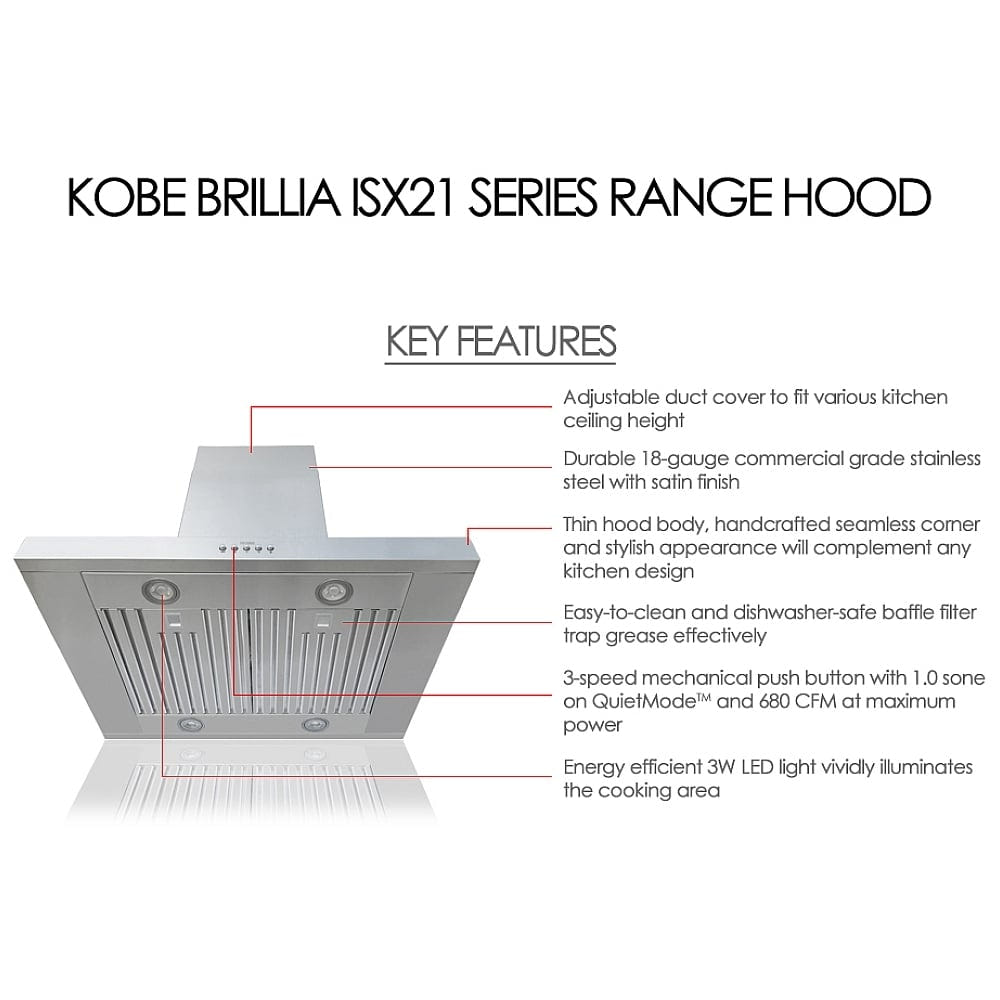 Kobe ISX2130SQB-2 Range Hood, 30 inch Exterior Width, Chimney, Island, 680 CFM