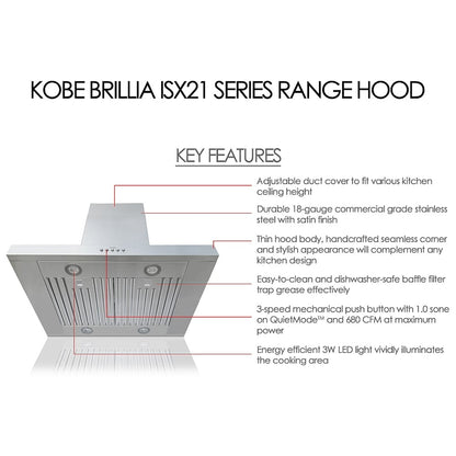 Kobe ISX2130SQB-2 Range Hood, 30 inch Exterior Width, Chimney, Island, 680 CFM