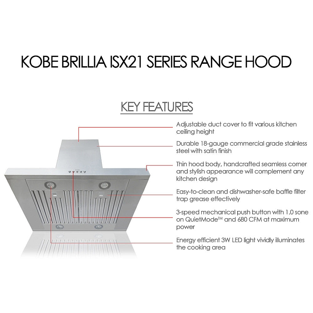 Kobe ISX2142SQB-2 Range Hood, 42 inch Exterior Width, Chimney, Island, 680 CFM