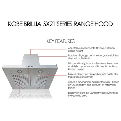 Kobe ISX2142SQB-2 Range Hood, 42 inch Exterior Width, Chimney, Island, 680 CFM