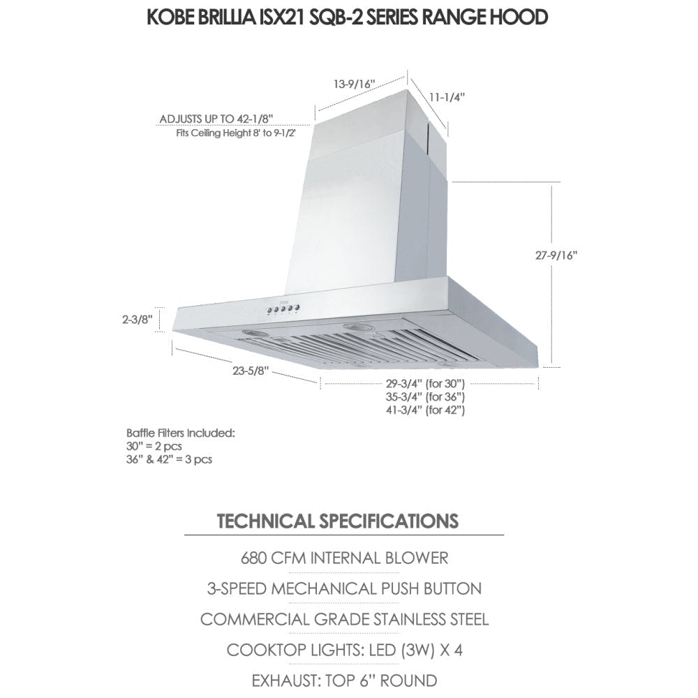 Kobe ISX2142SQB-2 Range Hood, 42 inch Exterior Width, Chimney, Island, 680 CFM