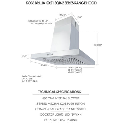 Kobe ISX2142SQB-DC37-2 Range Hood, 42 inch Exterior Width, Chimney, Island, 680 CFM