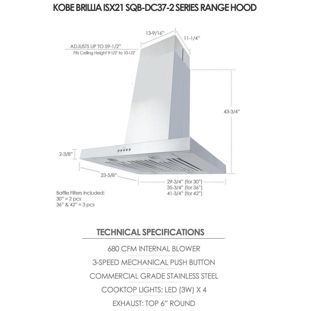 Kobe ISX2142SQB-DC37-2 Range Hood, 42 inch Exterior Width, Chimney, Island, 680 CFM