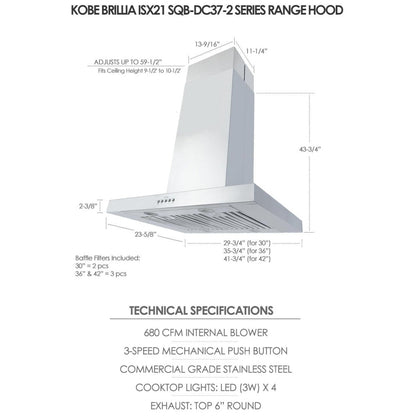 Kobe ISX2142SQB-DC37-2 Range Hood, 42 inch Exterior Width, Chimney, Island, 680 CFM
