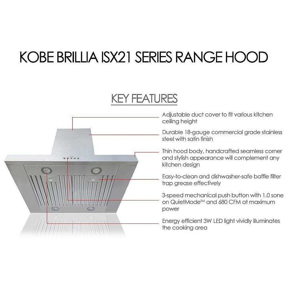 Kobe ISX2142SQB-DC37-2 Range Hood, 42 inch Exterior Width, Chimney, Island, 680 CFM