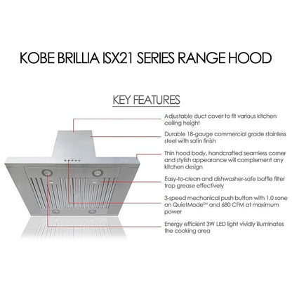 Kobe ISX2142SQB-DC37-2 Range Hood, 42 inch Exterior Width, Chimney, Island, 680 CFM