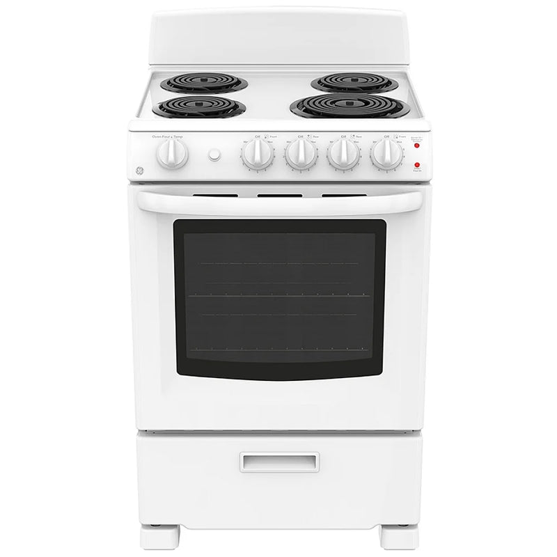 GE JCAS300DMWW Electric Range, 2.9 cu. ft. Capacity, 24 inch Exterior Width, 4 Burners, Storage Drawer, Manual Clean, 2,400 W Highest Element, White colour