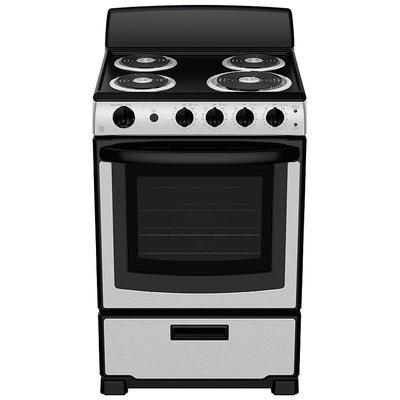 GE JCAS300RPSS Electric Range, 24 inch Exterior Width, 4 Burners, 2.9 cu. ft. Capacity, Storage Drawer, 1 Ovens, 2400Watts Highest Burner Element (Watts), Stainless Steel / Black colour