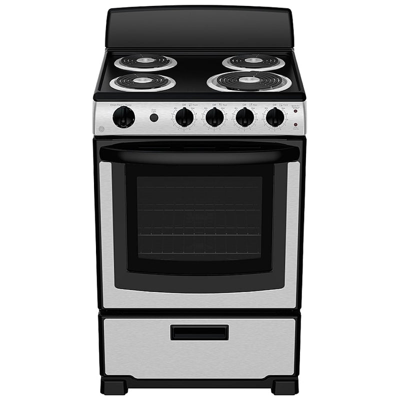 GE JCAS300RPSS Electric Range, 24 inch Exterior Width, 4 Burners, 2.9 cu. ft. Capacity, Storage Drawer, 1 Ovens, 2400Watts Highest Burner Element (Watts), Stainless Steel / Black colour