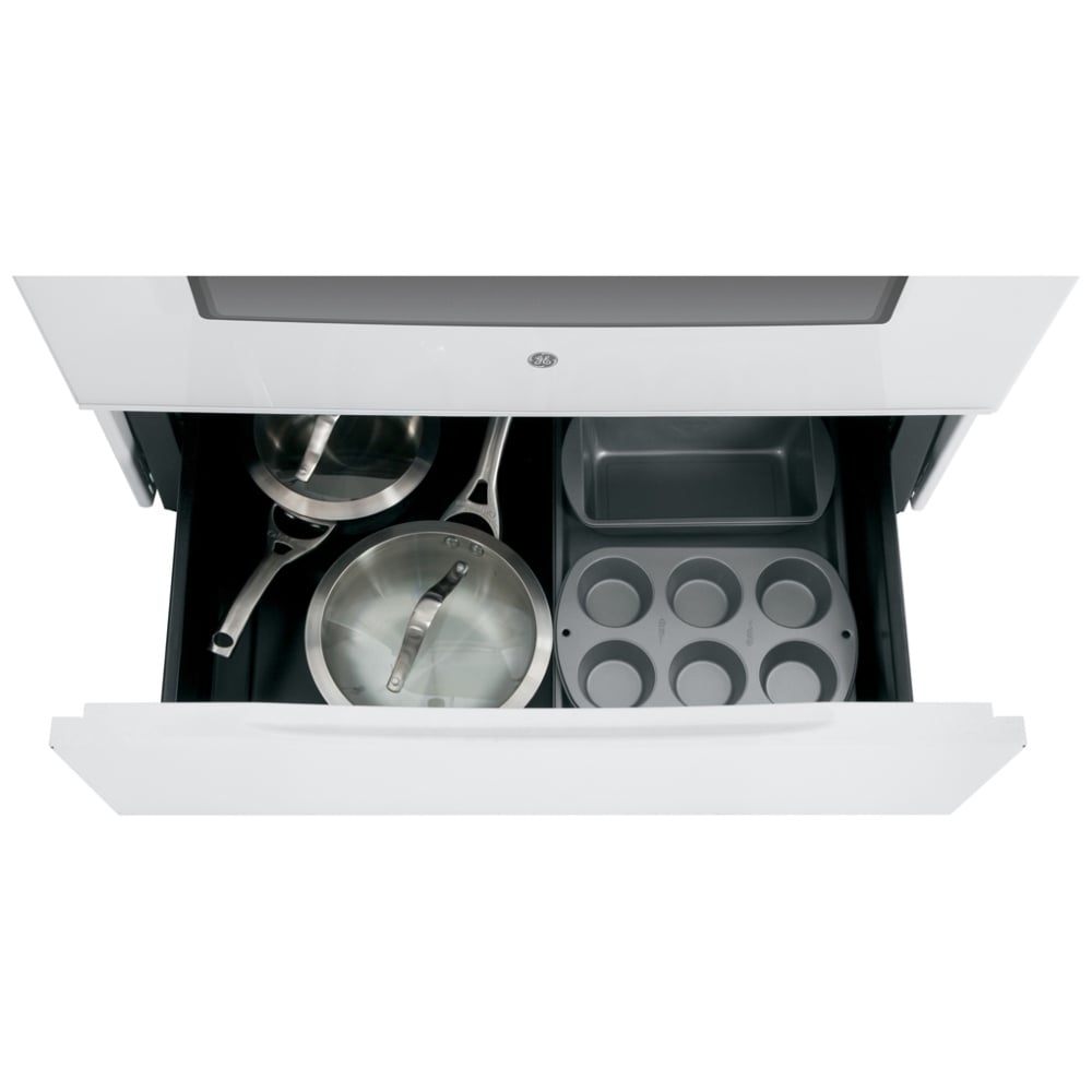 GE JCB630DKWW Electric Range, 5 cu. ft. Capacity, 30 inch Exterior Width, 4 Burners, Storage Drawer, Self Clean, 2,000 W Highest Element, White colour