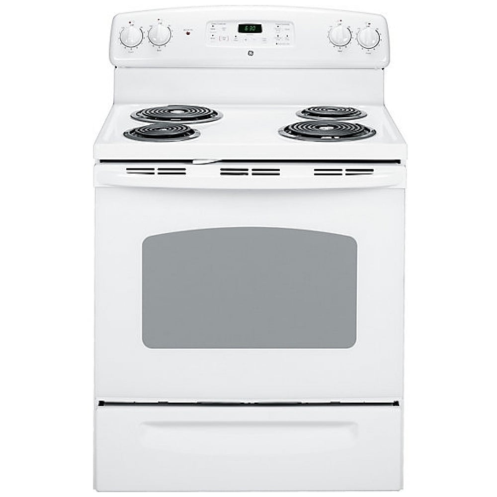 GE JCBP240DMWW Electric Range, 5 cu. ft. Capacity, 30 inch Exterior Width, 4 Burners, Storage Drawer, Self Clean, 2,400 W Highest Element, White colour